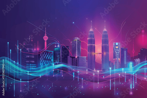 Abstract futuristic night city with dots and line connection. Concept for IOT, smart city, speed connection and intelligent network.