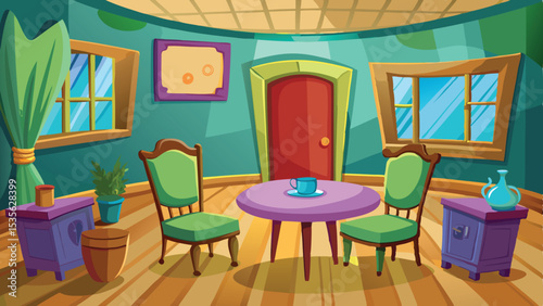 Cartoon Illustration of Cozy Room Interior with Green Chairs, Purple Table, and Windows