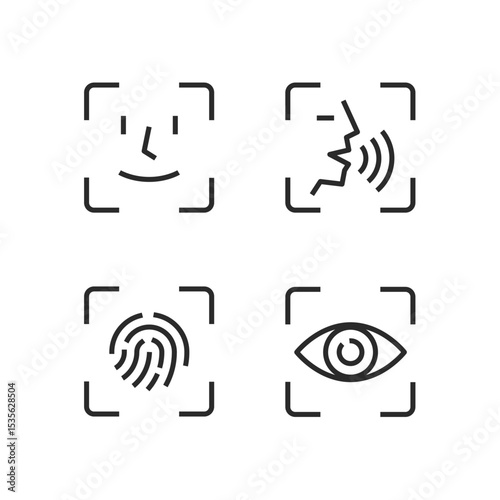 Biometric security of fingerprints, facial, iris. glyph style icon set