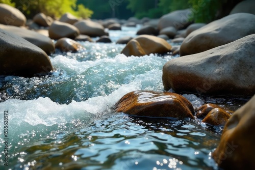 Smooth, colorful river rocks tumbling in a fast-moving stream, sunlight glistening on wet surfaces Perfect for nature, geology, or environmental themes , vibrant, mineral, wilderness