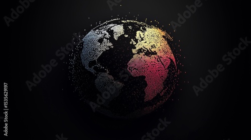 A detailed digital rendering of a world map globe made from colorful, glowing pixels against a dark, abstract background.