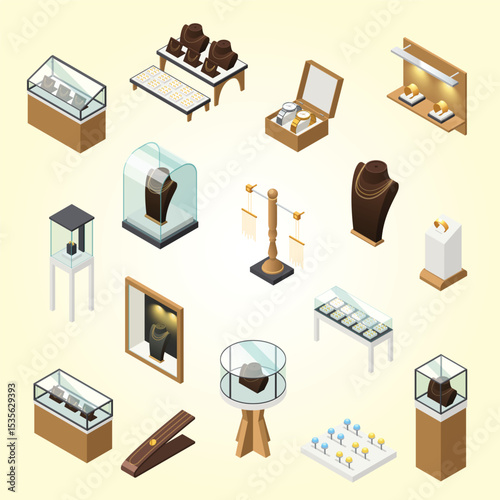 jewelry decorative icons set with elements shop interior counters showcases pedestal mannequin flourish new isometric 3d simple