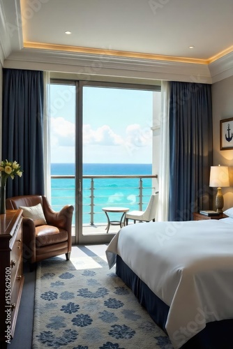 Luxury nautical-themed hotel suite boasts stunning ocean views, complete with plush furnishings and nautical decor Enjoy the ultimate seaside getaway in sophisticated comfort , blue decor, water view