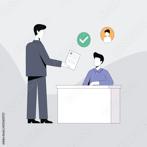 Flat vector of an office scene showing a faceless character submitting a document during a job interview or approval process. Clean and minimal style for business concepts.