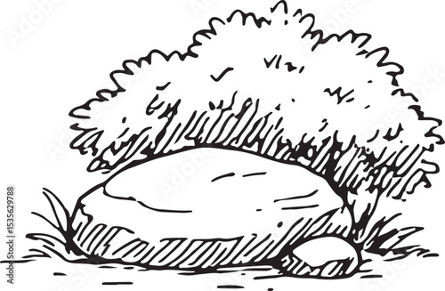 This detailed black-and-white sketch shows a rugged, standalone rock with textured surfaces, perfect for nature-inspired illustrations, landscape designs, or outdoor art. Its earthy 