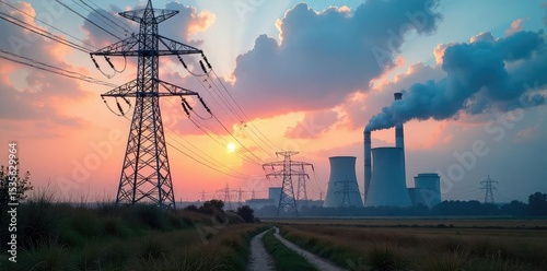 High-voltage power lines supplying electricity to a large industrial power plant The image showcases the massive scale of energy transmission and distribution infrastructure , industrial, engineering