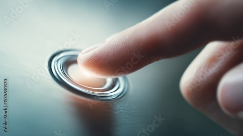 chromatic aberration style. Close-up of a finger pressing a sleek, modern button.