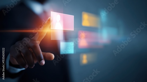 chromatic aberration style. Futuristic interface with a hand interacting with digital images.