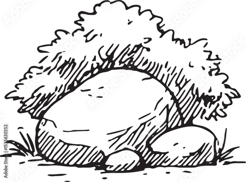 This detailed black-and-white sketch shows a rugged, standalone rock with textured surfaces, perfect for nature-inspired illustrations, landscape designs, or outdoor art. Its earthy 