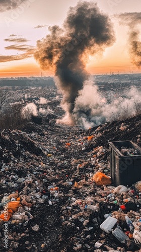 mountain of garbage waste plastic bottles packages of rotting food	
