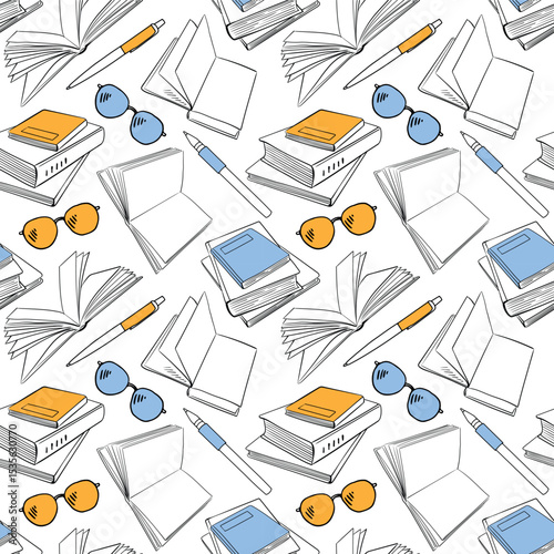 Seamless pattern with open and closed books, pens, pencils and glasses. Vector outline background drawn with doodle elements. For back to school theme, library, wrapping paper, wallpaper.