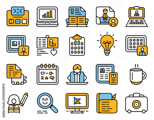 Collection of modern colorful icon illustrations related to business strategy and daily work activities
