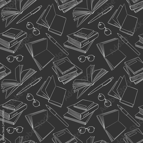 Seamless pattern with open and closed books, pens, pencils and glasses. Vector outline background drawn with doodle elements. For back to school theme, library, wrapping paper, wallpaper.