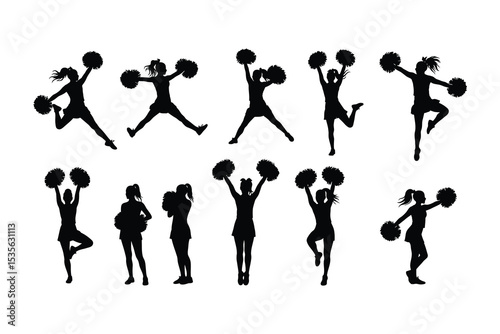 "Cheerleader Silhouette Vector Set – Girls with Pom Poms in Dance and Cheer Poses"

