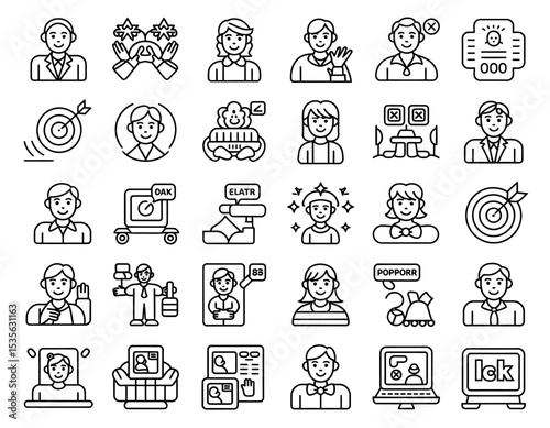 Collection of twenty five business and professional icons representing various concepts and professionals in outline style