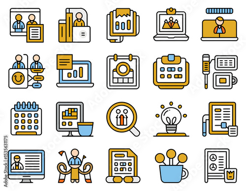 Collection of business and office related icon set in modern flat style with yellow accents