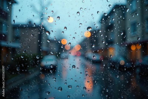 Close-up shot of raindrops cascading down a windowpane, blurring the outdoor scene into an impressionistic view The soft light enhances the feeling of a gentle, calming rain , serene, wet
