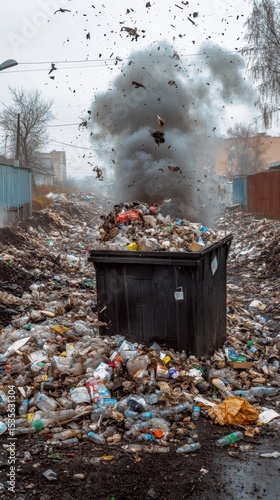 mountain of garbage waste plastic bottles packages of rotting food	
