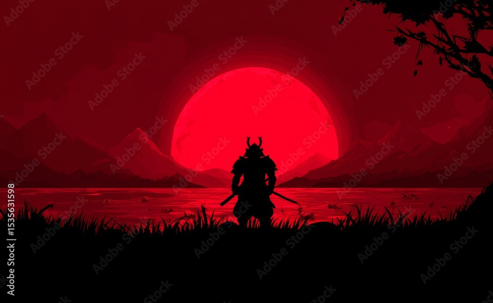 Silhouette of a Samurai Warrior at Sunset A Japanese Digital Art Illustration Silhouette of a Samurai Warrior at Sunset A Japanese Digital Art Illustration