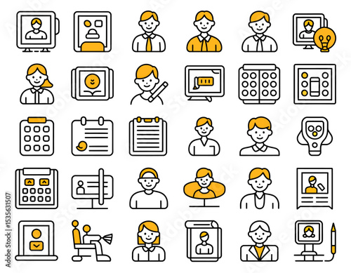 Collection of modern business and office icons featuring employee portraits and office equipment illustrations