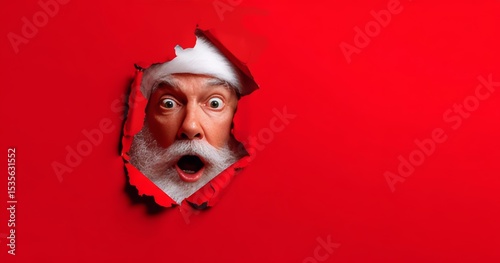 Surprised Santa Claus Peeking Through Torn Red Paper