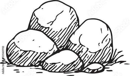 This detailed black-and-white sketch shows a rugged, standalone rock with textured surfaces, perfect for nature-inspired illustrations, landscape designs, or outdoor art. Its earthy 