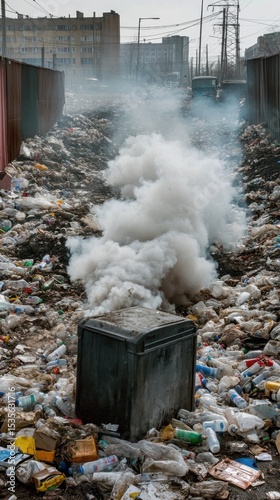 mountain of garbage waste plastic bottles packages of rotting food	
