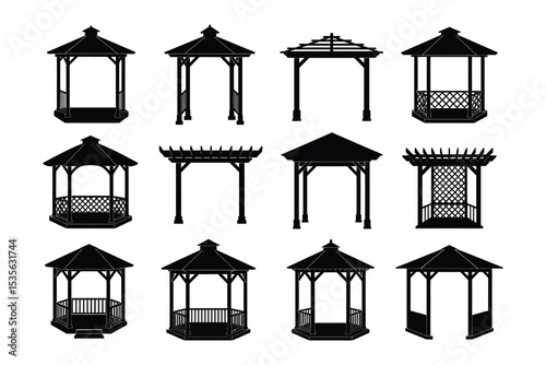 "Gazebo and Pergola Silhouette Collection – Vector Set of Outdoor Pavilion and Garden Structures"


