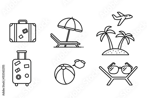 "Vacation and Travel Icons Set – Luggage, Beach, Airplane, Palm Trees, and Summer Essentials"

