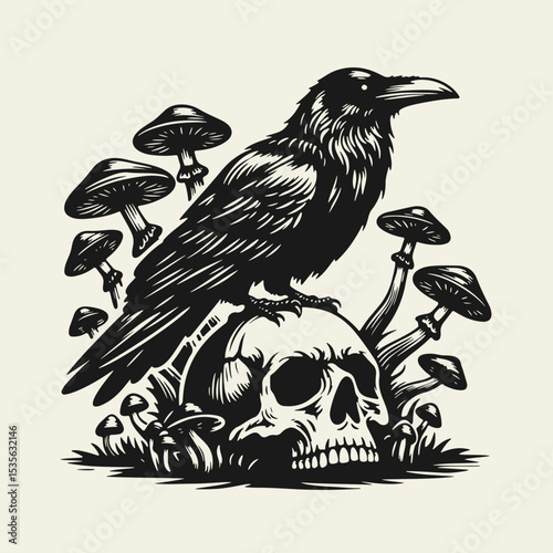 Monochrome flat vector illustration of a raven perched on a skull with mushrooms growing from it. Dark, gothic style with fantasy and horror elements, great for tattoo or print.