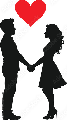 Eternal Embrace: Silhouette of a couple holding hands, their silhouettes intertwined beneath a red heart, expressing love and commitment.