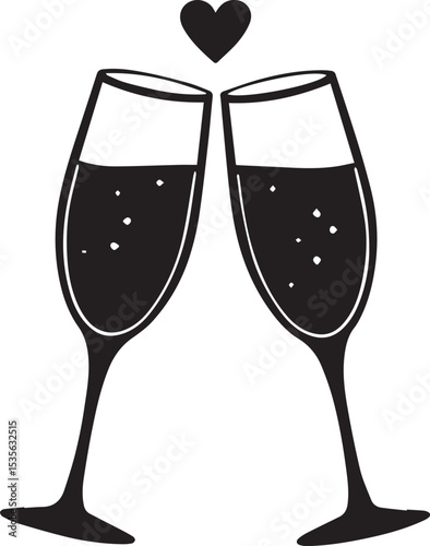 Toast to Love: A charming monochrome illustration depicts two champagne glasses clinking together beneath a heart symbol, perfect for celebrating love, weddings, or special occasions.