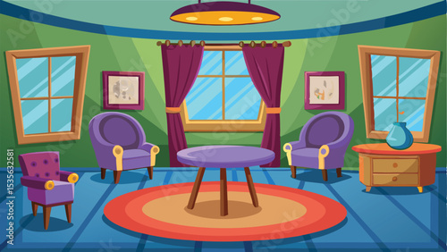 Cartoon Interior Scene Purple Armchairs, Round Table, Windows, and Blue Striped Floor Design