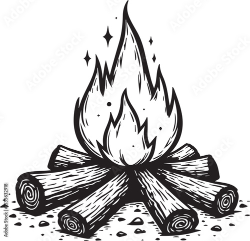 Campfire Illustration: A hand-drawn illustration of a crackling campfire, with flames reaching skyward, and logs nestled around the embers. perfect for camping themes. 