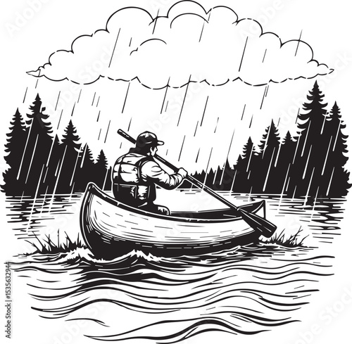 Canoeing Through the Storm: A determined individual battles the elements, navigating a sturdy canoe across a rain-swept lake, embodying perseverance in the face of nature's challenge.