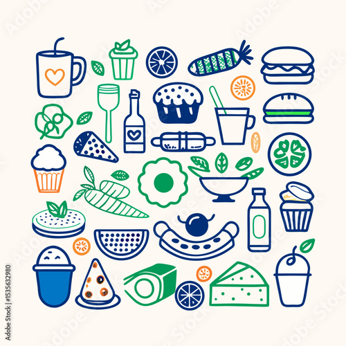 Hand-drawn illustrations of various food and drink items in vibrant colors  