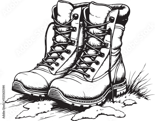 Hiking Boots Illustration: A pair of sturdy hiking boots, laced up and ready for adventure, stand in the grass after a muddy hike.