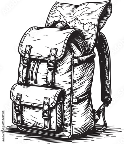 Voyage Explorer's Pack: A detailed monochrome illustration of a classic outdoor backpack, its compartments open to reveal a detailed map, ready for adventure and exploration.