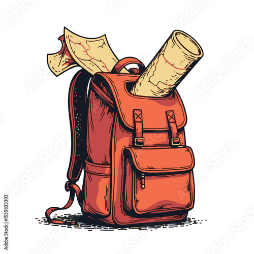 Backpack Ready for Adventure: A vibrant illustration of a red backpack brimming with rolled maps and travel documents, symbolizing exploration and the spirit of adventure.