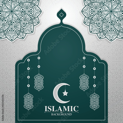 Decorative Islamic Background with Crescent Moon, Lanterns and Mandala Ornament