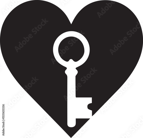 Key to the Heart: A simple, yet powerful visual of a classic key perfectly placed inside a bold heart, symbolizing love, secrets, and the opening of emotions.