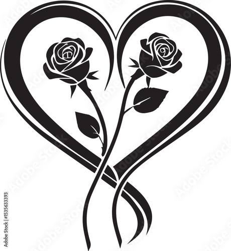 Eternal Love: A romantic illustration featuring two elegant roses entwined within a stylized heart, symbolizing love, beauty, and the enduring nature of affection.