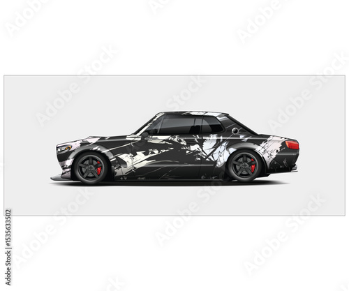 Black and White Custom Race Car Design with Abstract Graphics
