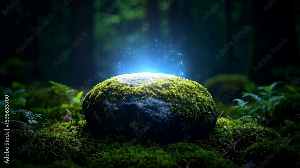 Enchanted mossy stone illuminated by ethereal blue light in a lush, dark forest environment with dense vegetation and vibrant green ground cover.