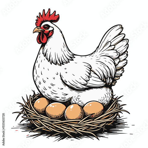 Nesting Hen: A detailed, hand-drawn illustration of a hen, meticulously rendered with careful linework, brooding protectively over a clutch of eggs in a nest.