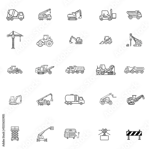 Set of 25 construction machinery vector icons in minimalist style, industrial equipment collection. Perfect for websites, mobile apps, presentations, manuals, and construction company branding.