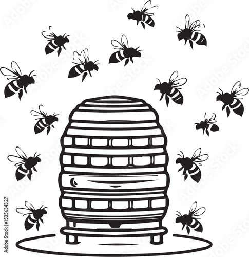 Buzzing Around the Hive: A graphic illustration of honeybees swarming around their hive, symbolizing activity and industry in a nature-themed scene.