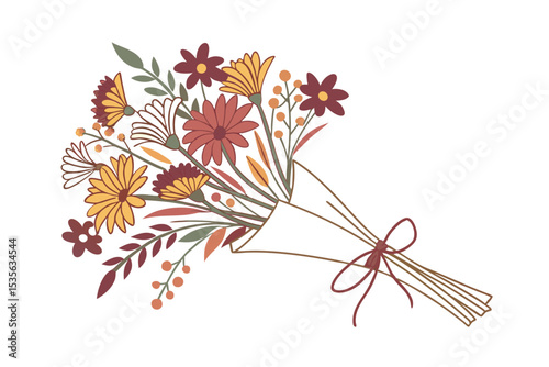 Autumn cottagecore wildflower bouquet with ribbon vector art illustration
