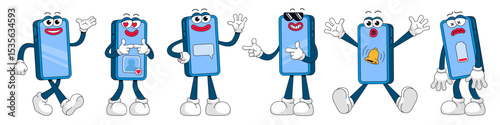Smartphone retro cartoon character. Funny phone with face, arms and legs, various poses and emotions vector set. Low battery sad phone