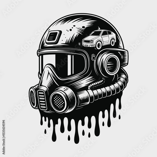 Post-Apocalyptic Helmet with Car Illustration